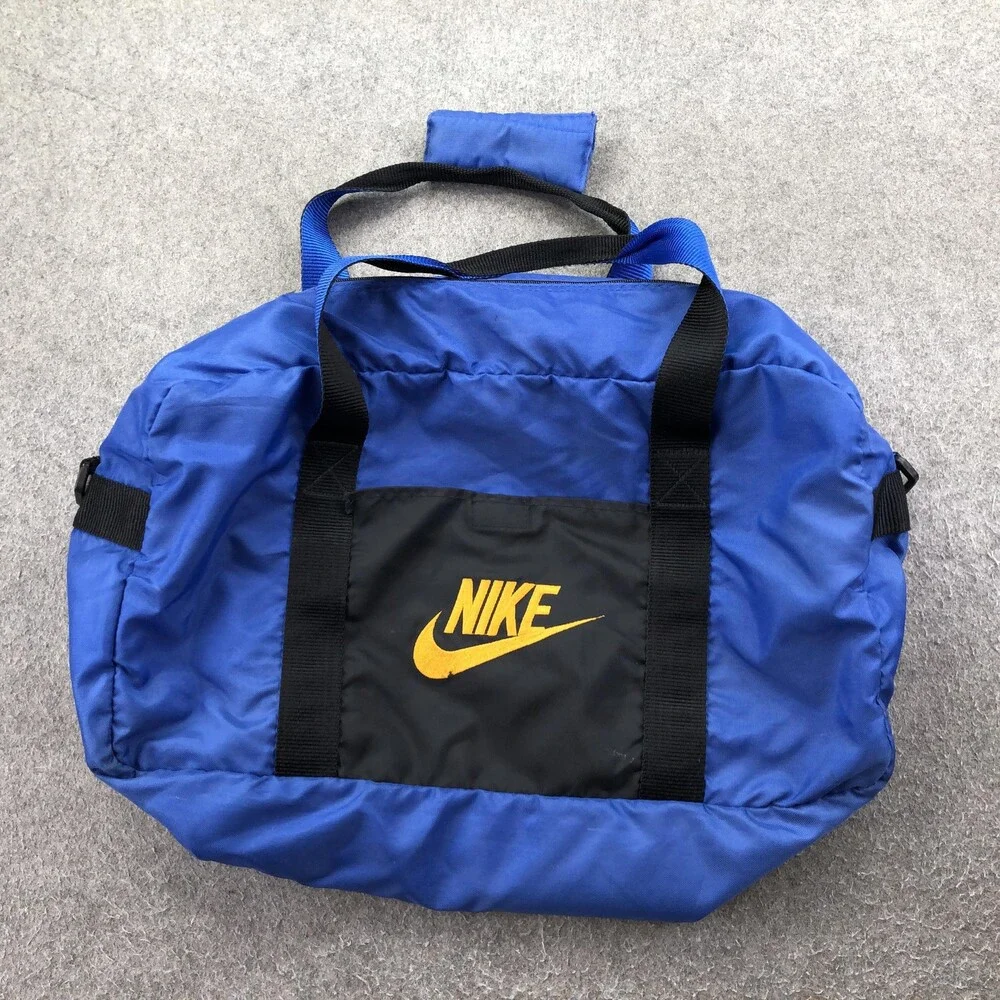 Vintage Nike Blue Duffel Bag Nylon Gym Travel Sports Carry On Bag Black Yellow